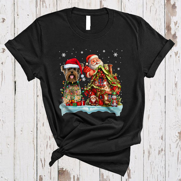 MacnyStore - Santa Yorkshire Terrier With Santa Gnome Xmas House Happy Merry Christmas Snow Lights Dog T-Shirt