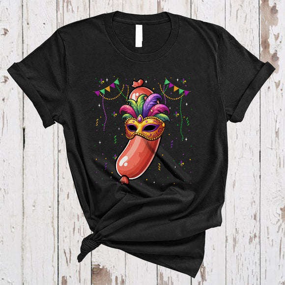 MacnyStore - Sausage Wearing Mardi Gras Mask, Awesome Mardi Gras Beads, Food Lover Parades Group T-Shirt