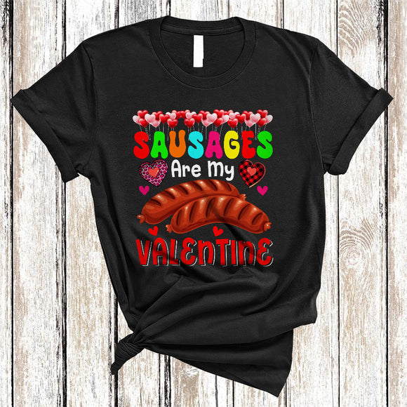 MacnyStore - Sausages Are My Valentine, Colorful Valentine's Day Sausage Food Plaid Hearts, Family Group T-Shirt