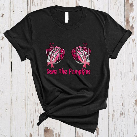 MacnyStore - Save The Pumpkins, Cool Halloween Plaid Pink Pumpkin Skeleton Hand, Breast Cancer Awareness Ribbon T-Shirt