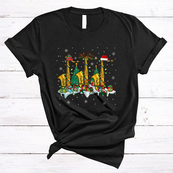 MacnyStore - Saxophone With X-mas Tree, Colorful Christmas Musical Instruments Player, X-mas Snow Around T-Shirt