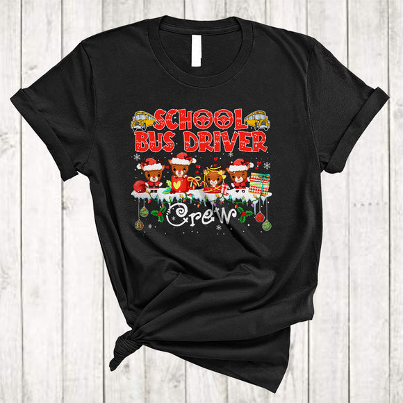 MacnyStore - School Bus Driver Crew, Lovely Merry Christmas Lights Four Santa Reindeer, Matching X-mas Group T-Shirt