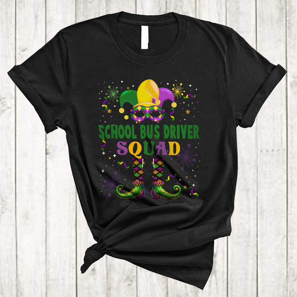 MacnyStore - School Bus Driver Squad, Humorous Mardi Gras Costume Mask Jester Hat Beads, Parades Group T-Shirt