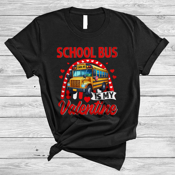 MacnyStore - School Bus Is My Valentine, Awesome Valentine's Day School Bus Driver, Hearts Plaid Rainbow T-Shirt