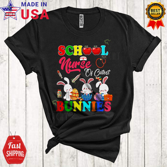 MacnyStore - School Nurse Of Cutest Bunnies Cute Happy Easter Day Three Bunnies Hunting Colorful Eggs Lover T-Shirt
