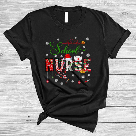 MacnyStore - School Nurse, Colorful Christmas Santa Nurse Crew Team, Matching X-mas Pajama Family Group T-Shirt