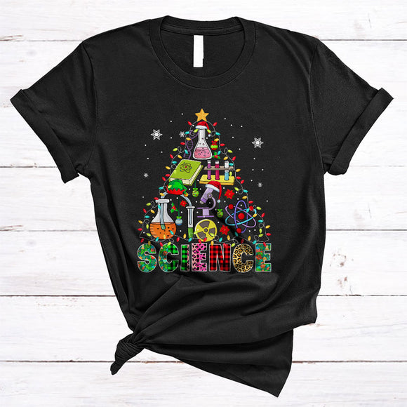 MacnyStore - Science, Colorful Leopard Plaid Christmas Lights Tree, Matching Science Teacher Tools Lover T-Shirt