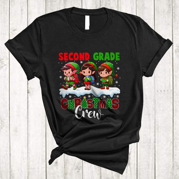 MacnyStore - Second Grade Christmas Crew, Joyful Three ELF Students, Matching X-mas Plaid Teacher Group T-Shirt