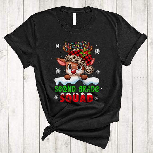 MacnyStore - Second Grade Squad, Adorable Red Plaid Christmas Reindeer, X-mas Lights Students Teacher Group T-Shirt