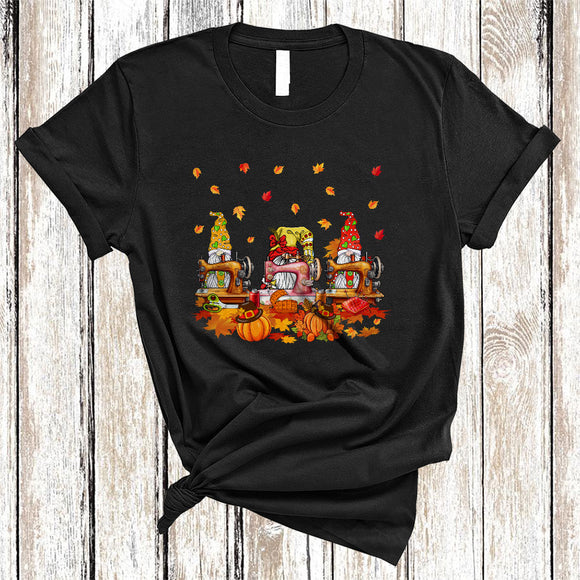 MacnyStore - Sewing Quilting Tools, Cute Three Gnomes Sewing Quilting, Thanksgiving Pumpkin Fall Leaves T-Shirt