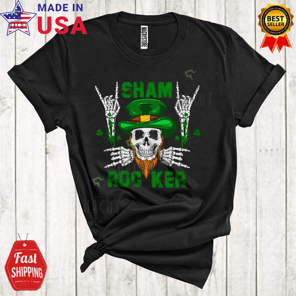 MacnyStore - Sham Rocker Cool Funny St. Patrick's Day Irish Shamrock Leprechaun Skeleton Skull Hands Rock Music T-Shirt