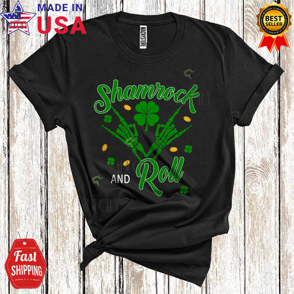 MacnyStore - Shamrock And Roll Funny Cool St. Patrick's Day Irish Shamrock Rock Skeleton Hand Music Lover T-Shirt