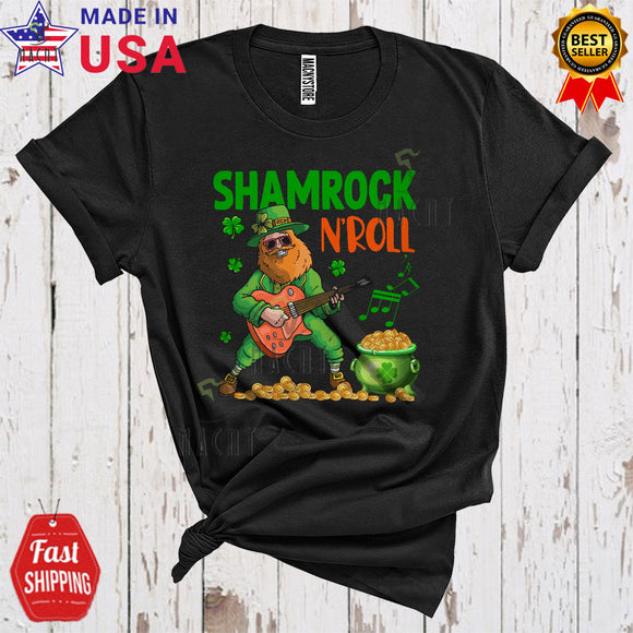 MacnyStore - Shamrock N'Roll Cool Happy St. Patrick's Day Leprechaun Playing Guitar Guitarist Irish Music Lover T-Shirt