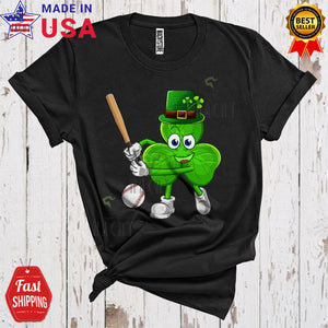 MacnyStore - Shamrock Playing Baseball Cute Cool St. Patrick's Day Irish Baseball Sport Playing Player Team T-Shirt