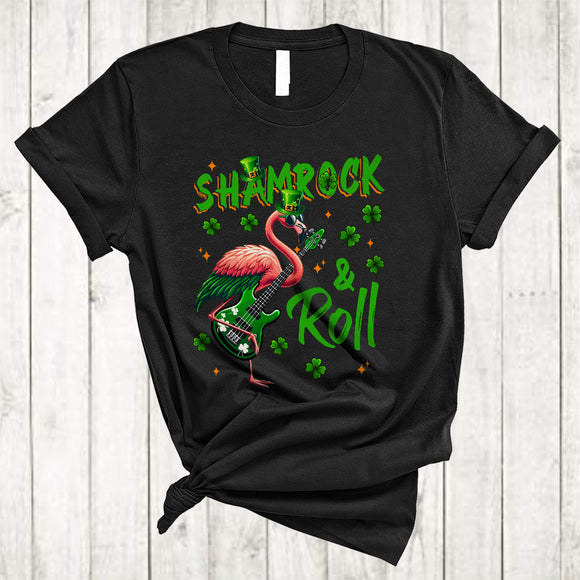 MacnyStore - Shamrock Roll, Joyful St. Patrick's Day Flamingo Guitar Shamrock, Guitarist Music Lover T-Shirt