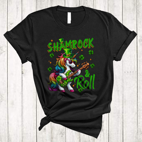 MacnyStore - Shamrock Roll, Joyful St. Patrick's Day Unicorn Guitar Shamrock, Guitarist Music Lover T-Shirt