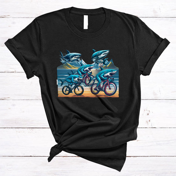 MacnyStore - Shark Riding Bicycle, Humorous Sea Animal Lover, Bicycle Riding Friends Family Group T-Shirt