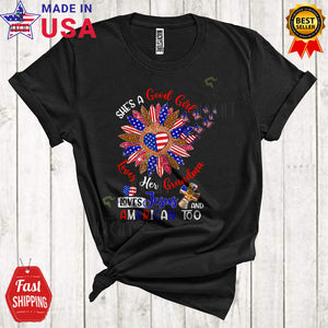 MacnyStore - She's Good Girl Loves Her Grandma Cute Cool 4th Of July USA Flag Leopard Plaid Sunflower T-Shirt