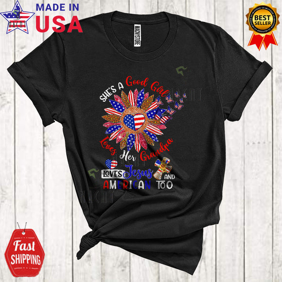 MacnyStore - She's Good Girl Loves Her Grandpa Cute Cool 4th Of July USA Flag Leopard Plaid Sunflower T-Shirt
