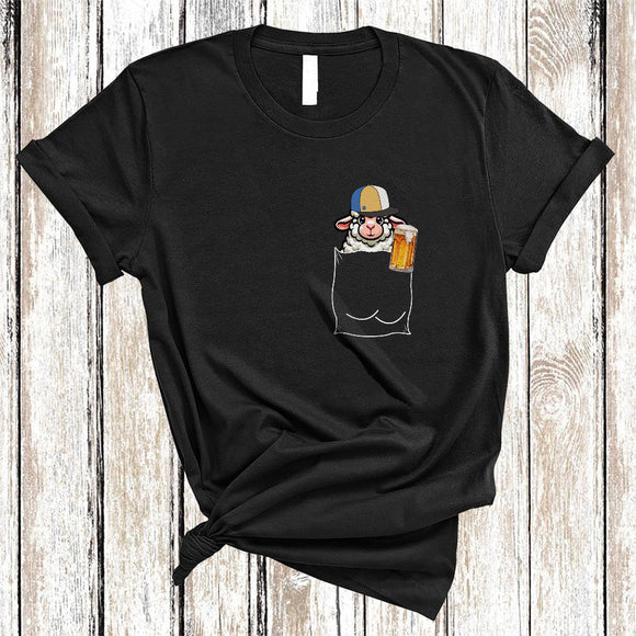 MacnyStore - Sheep Drinking Beer In Pocket, Humorous Drunker Beer Animal Lover, Drinking Group T-Shirt