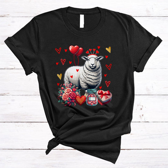 MacnyStore - Sheep With Hearts Flowers, Wonderful Valentine's Day Farm Animal, Matching Farmer Group T-Shirt