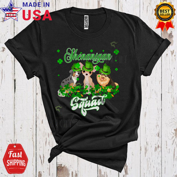 MacnyStore - Shenanigan Squad Cool Cute St. Patrick's Day Three Leprechaun Dogs Shamrock Matching Family Group T-Shirt