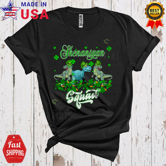 MacnyStore - Shenanigan Squad Cool Cute St. Patrick's Day Three Leprechaun T-Rex Shamrock Matching Family Group T-Shirt