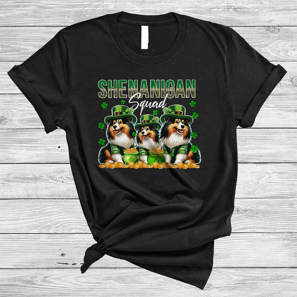 MacnyStore - Shenanigan Squad, Amazing St. Patrick's Day Three Sheltie Animal Shamrock, Family Group T-Shirt