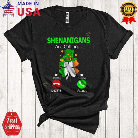 MacnyStore - Shenanigans Are Calling Funny Cute St. Patrick's Day Irish Flag Shamrock Shape Leprechaun Lover T-Shirt