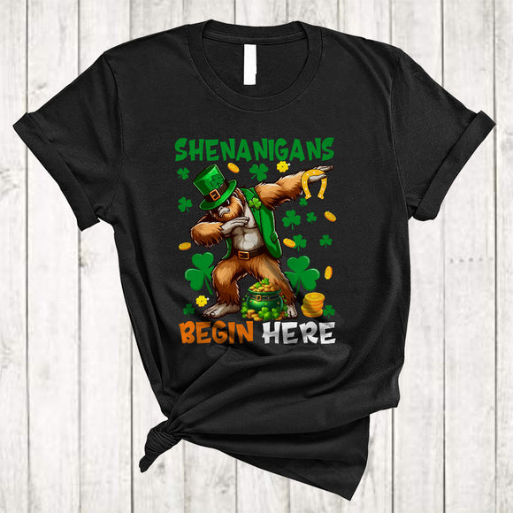 MacnyStore - Shenanigans Begin Here, Humorous St. Patrick's Day Bigfoot Dabbing, Pot of Gold Shamrock T-Shirt