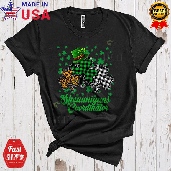 MacnyStore - Shenanigans Coordinator Funny Cool St. Patrick's Day Leopard Plaid Three Leprechaun Shamrocks Lover T-Shirt