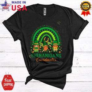MacnyStore - Shenanigans Coordinator Funny Cool St. Patrick's Day Shamrock Leopard Three Gnomes Lover T-Shirt