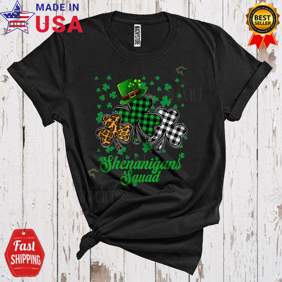 MacnyStore - Shenanigans Squad Funny Cool St. Patrick's Day Leopard Plaid Three Leprechaun Shamrocks Lover T-Shirt