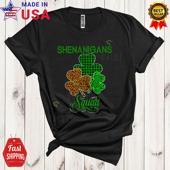 MacnyStore - Shenanigans Squad Funny Cool St. Patrick's Day Three Leopard Plaid Shamrocks Matching Group T-Shirt