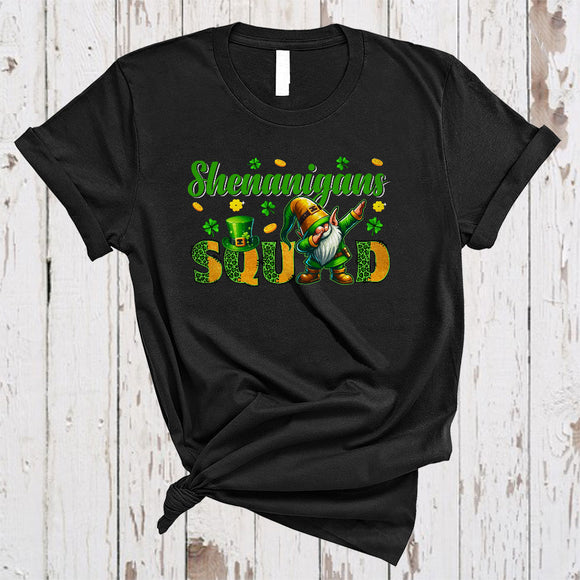 MacnyStore - Shenanigans Squad, Cheerful St. Patrick's Day Leopard Gnome Dabbing, Irish Lucky Shamrock T-Shirt