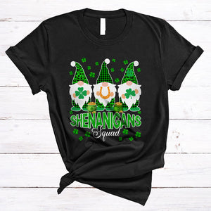 MacnyStore - Shenanigans Squad, Joyful St. Patrick's Day Green Plaid Leopard Three Gnomes, Gnomies Shamrock T-Shirt