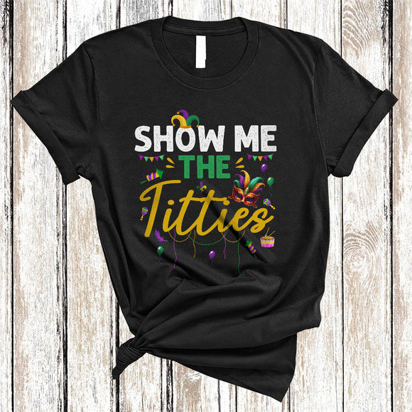 MacnyStore - Show Me The Titties, Amazing Mardi Gras Beads Couple Men, Matching Party Parades Group T-Shirt