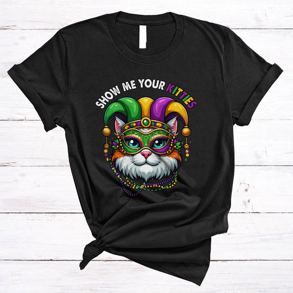 MacnyStore - Show Me Your Kitties, Lovely Cat Wearing Mardi Gras Mask Beads Jester Hat, Carnival Parade T-Shirt