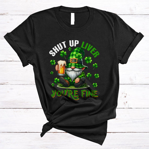MacnyStore - Shut Up Liver, Sarcastic St. Patrick's Day Plaid Gnome Drinking Beer, Drunk Team Shamrock T-Shirt