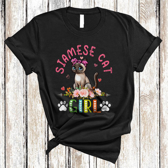MacnyStore - Siamese Cat Girl, Amazing Floral Kitten Lover Hearts Flowers, Matching Girls Women Family T-Shirt