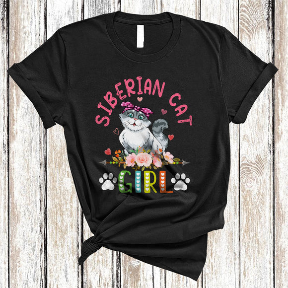 MacnyStore - Siberian Cat Girl, Amazing Floral Kitten Lover Hearts Flowers, Matching Girls Women Family T-Shirt