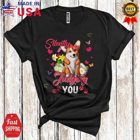 MacnyStore - Silently Judging You Cute Funny Floral Flowers Hearts Butterfly Matching Corgi Paws Lover T-Shirt