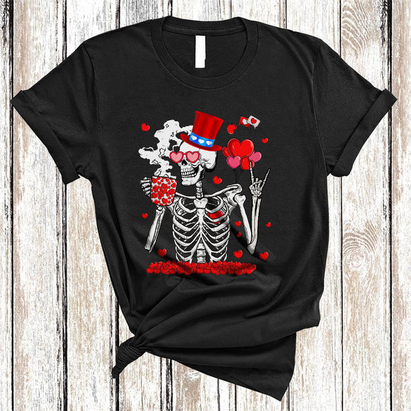 MacnyStore - Skeleton Drinking Coffee Hearts, Awesome Valentine's Day Skeleton Coffee, Matching Couple T-Shirt