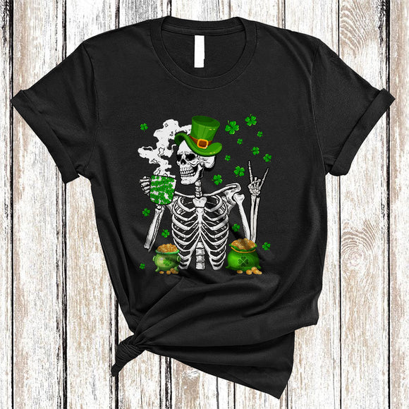 MacnyStore - Skeleton Drinking Coffee Shamrock, Awesome St. Patrick's Day Irish Skeleton, Coffee Shamrock T-Shirt