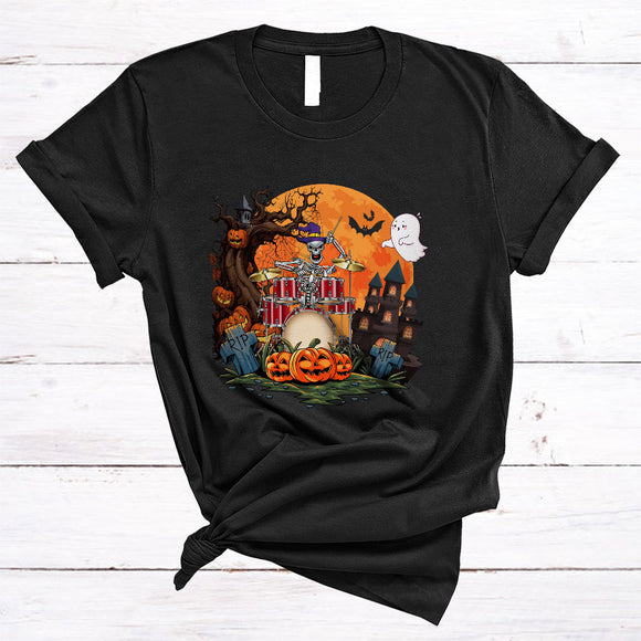 MacnyStore - Skeleton Playing Drum, Cool Skeleton Skull Witch Drum, Halloween Musical Instruments T-Shirt