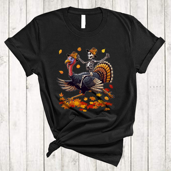MacnyStore - Skeleton Riding Turkey, Awesome Thanksgiving Skeleton Turkey Lover, Fall Autumn Leaf Around T-Shirt