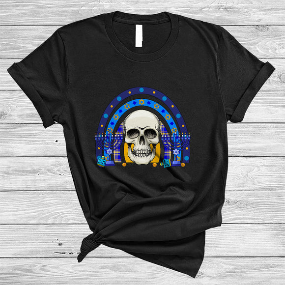 MacnyStore - Skeleton With Plaid Rainbow, Funny Scary Hanukkah Chanukah Skull Lover, Menorah Dreidel T-Shirt