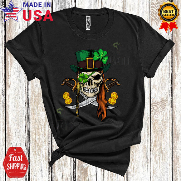 MacnyStore - Skull Pirate With Shamrocks Cool Happy St. Patrick's Day Shamrock Gold Coin Skull Pirate Family Lover T-Shirt
