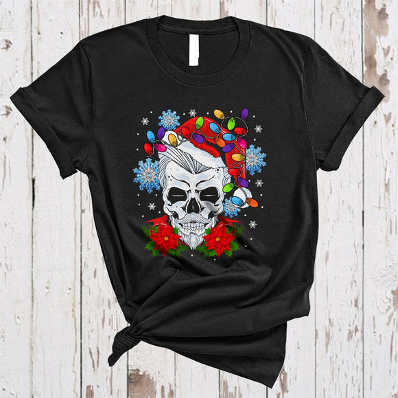 MacnyStore - Skull Wearing Santa Hat Christmas Lights, Cool Santa Skull Snow Around, X-mas Family Group T-Shirt