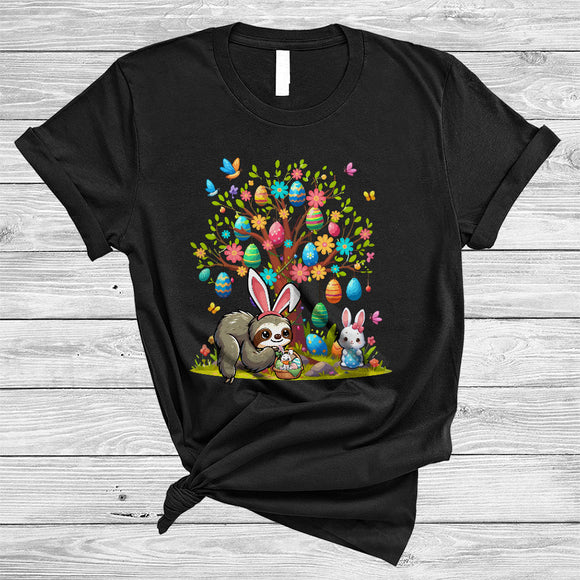 MacnyStore - Sloth Bunny With Easter Eggs Tree, Amazing Easter Flowers Animal, Matching Sloth Lover T-Shirt